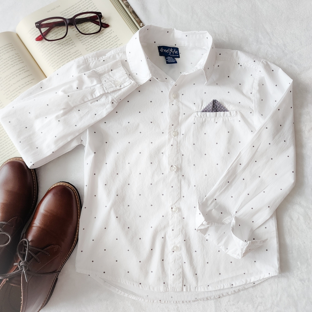Boys White Micro Dot Button Down Shirt Size 10, Pocket Square Detail